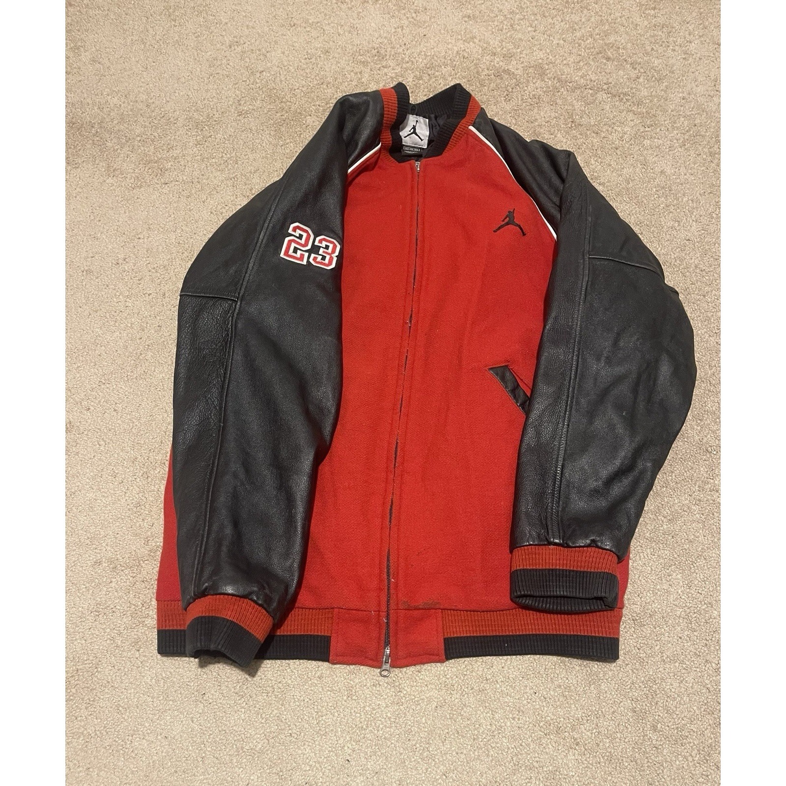 Air Jordan Wool + Leather Lettermen Varsity Jacket Full Zip Red/Black Mens Xxl